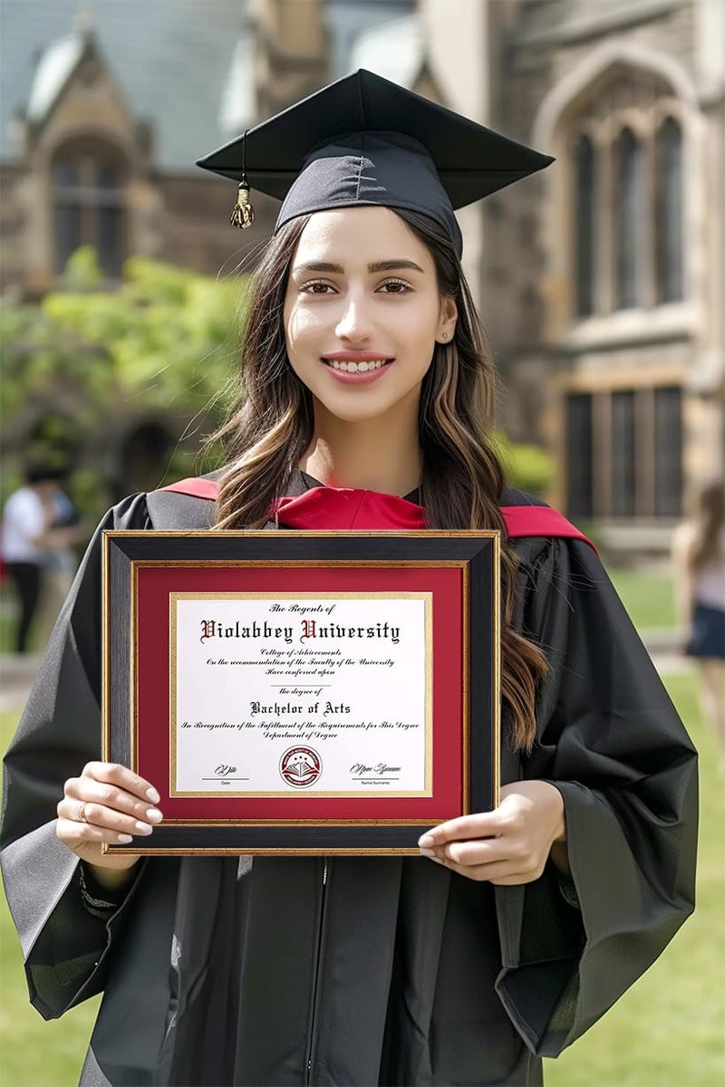 VIOLABBEY 8.5x11 Diploma Frame Black, 8.5 x 11 Certificate Frame with Mat or 11x14 College Degree Frames without Mat, Wall or Tabletop Display, Tempered glass (Red Gold Double Mat) - Image 4